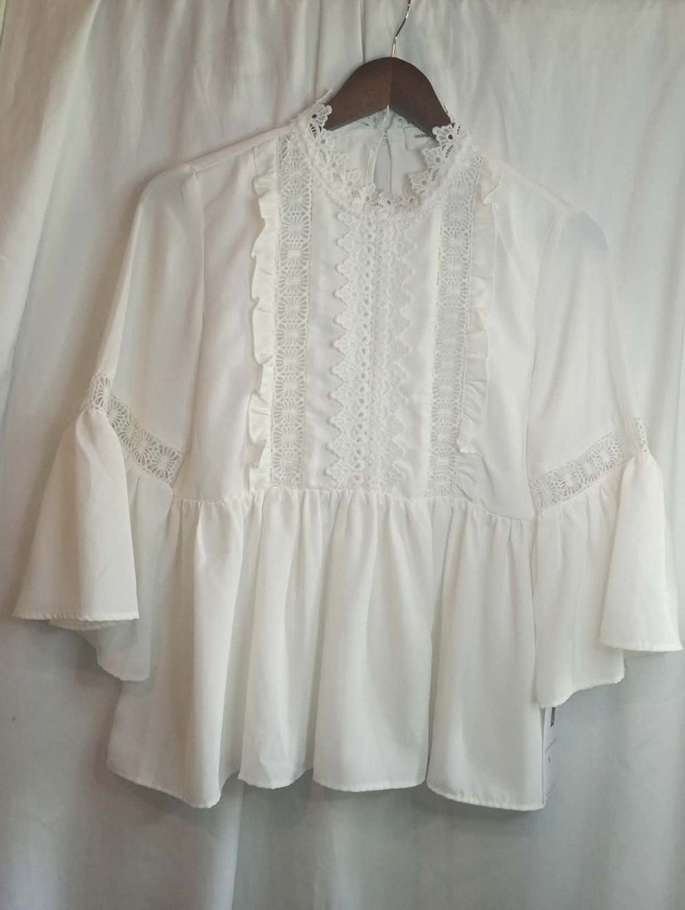 NWT Large Goodnight Macaroon White Scandi Peplum Flowy Boho Shirt Lace Ruffle